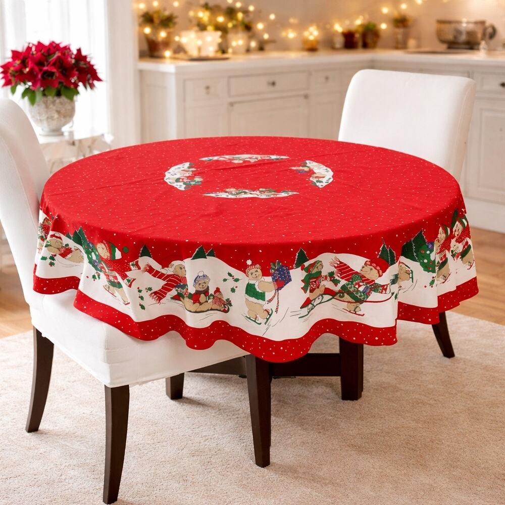 Vintage Christmas Tablecloth Round Red Holiday Teddy Bear Snow Scene 60” Decor